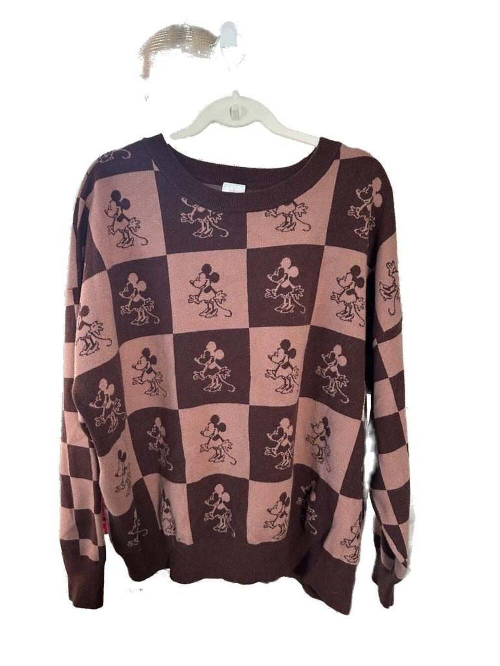 Disney Mickey Mouse Brown Checkered Knit Sweater Size XL